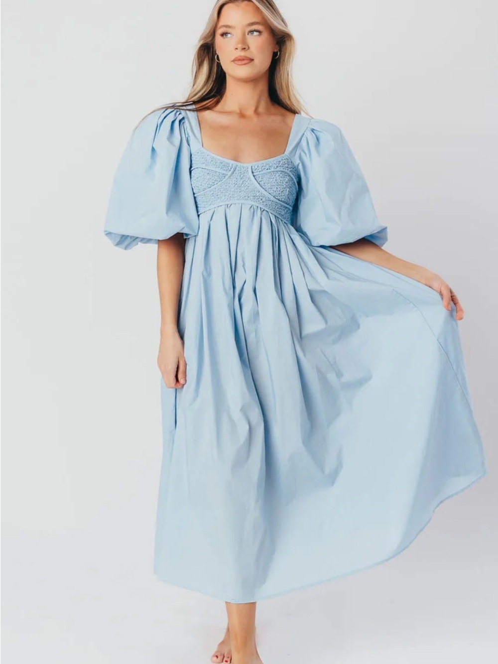 Puff-Sleeve Midi Dress in Light Blue with Smocked Bodice
